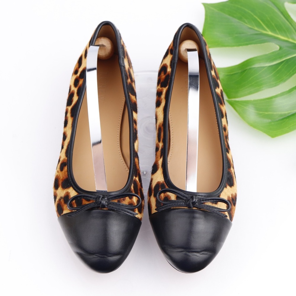 J Crew Shoes Womens Ballet Flats Size 7.5 Brown Leopard Fur Cap Toe Bow Slip On
